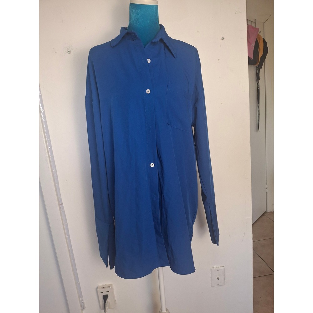 Boohoo Royal Blue Oversized Longline Button Down Shirt Wide Cuff Womens US 6